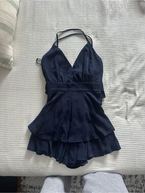 Oh Polly Navy Blue Romper Playsuit with Tiered Skirt
